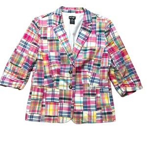 LORD & TAYLOR Vintage Y2K Patchwork Madras 3/4 Length Ruched Sleeve Blazer 10
